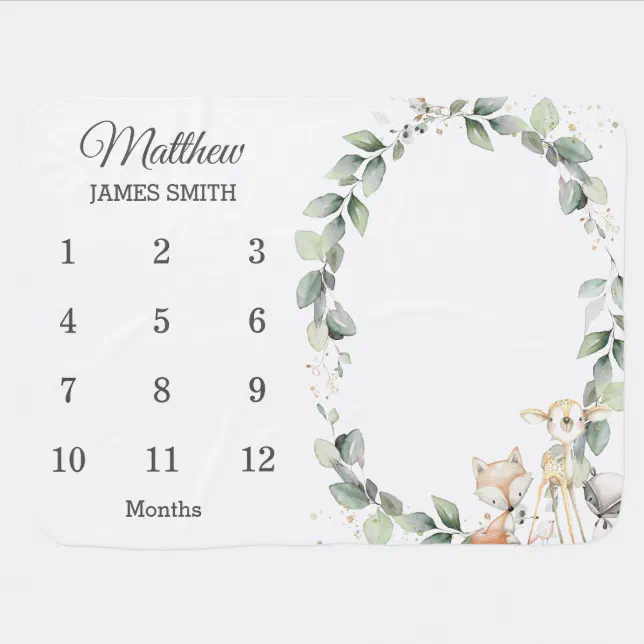 Chic Woodland Animals Greenery Monthly Milestone Baby Blanket | Zazzle