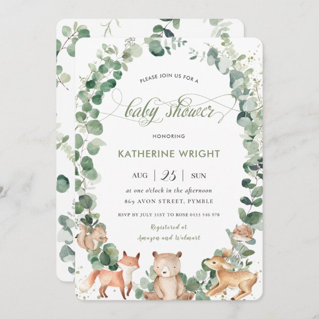 Chic Woodland Animals Greenery Neutral Baby Shower Invitation (Front/Back)