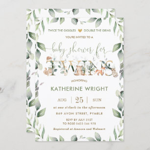 Chic Woodland Animals Greenery Twins Baby Shower Invitation