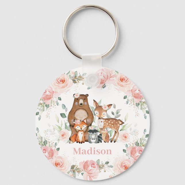 Chic Woodland Animals Pastel Blush Floral Favor Keychain (Front)