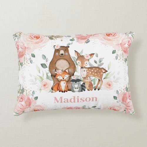 Chic Woodland Animals Pastel Blush Floral Gold  Accent Pillow
