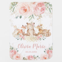 Chic Woodland Animals Pastel Blush Floral Gold  Baby Blanket