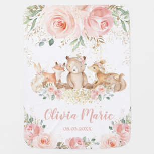 Chic Woodland Animals Pastel Blush Floral Gold Baby Blanket