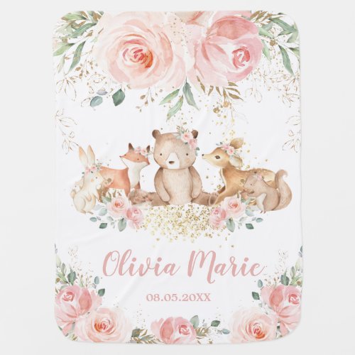 Chic Woodland Animals Pastel Blush Floral Gold  Baby Blanket