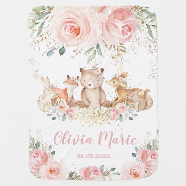Chic Woodland Animals Pastel Blush Floral Gold  Baby Blanket (Front)