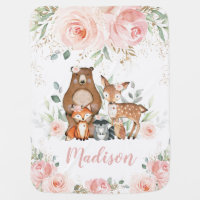 Chic Woodland Animals Pastel Blush Floral Gold  Baby Blanket