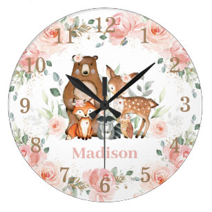 Chic Woodland Animals Pastel Blush Floral Gold   Large Clock