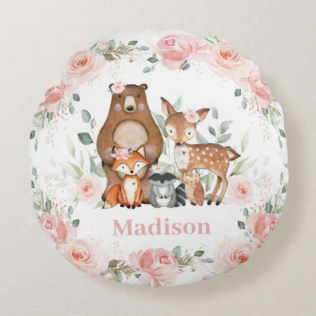 Chic Woodland Animals Pastel Blush Floral Gold   Round Pillow (Front)