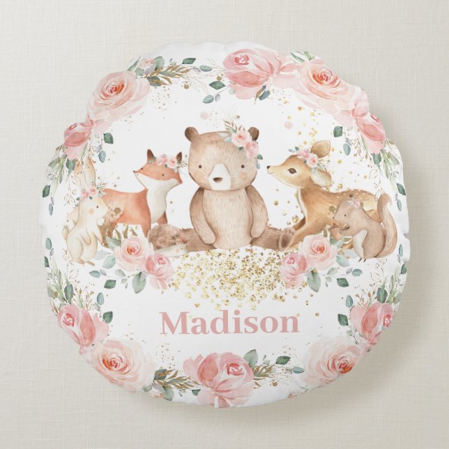 Chic Woodland Animals Pastel Blush Floral Gold    Round Pillow (Front)