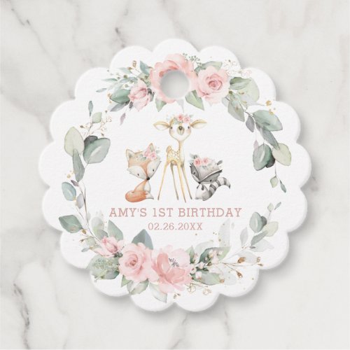 Chic Woodland Animals Pink Floral 1st Birthday Favor Tags