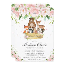 Chic Woodland Animals Pink Floral Baby Shower Invitation