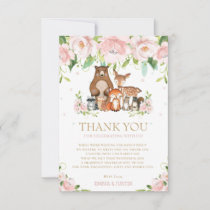 Chic Woodland Animals Pink Floral Baby Shower Thank You Card