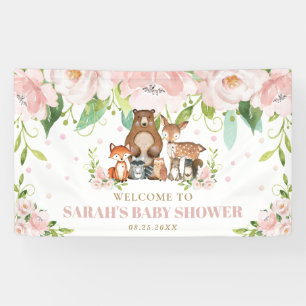 Chic Woodland Animals Pink Floral Backdrop Welcome Banner