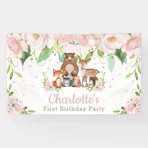 Chic Woodland Animals Pink Floral Backdrop Welcome Banner