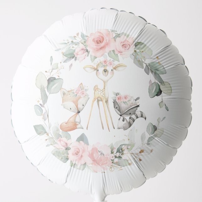 Chic Woodland Animals Pink Floral Greenery Wreath Balloon (Front)