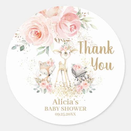 Chic Woodland Animals Pink Floral Thank You Favor Classic Round Sticker
