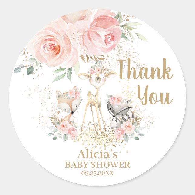 Chic Woodland Animals Pink Floral Thank You Favor Classic Round Sticker (Front)