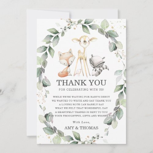Chic Woodland Animals Rustic Greenery Baby Shower Thank You Card