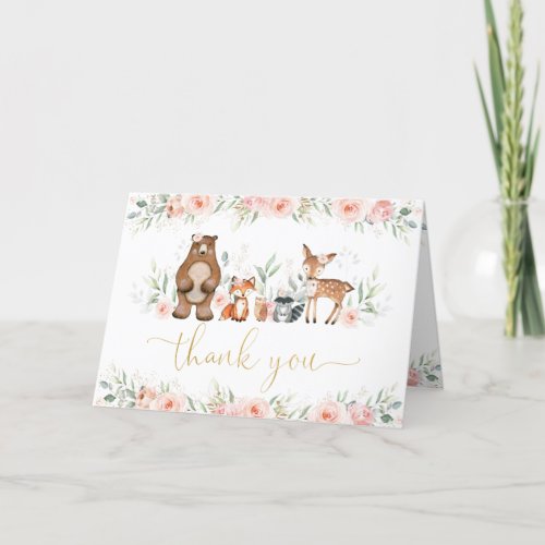 Chic Woodland Animals Soft Blush Pink Floral Thank You Card