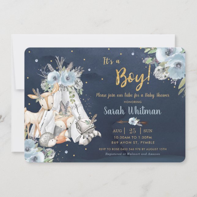 Chic Woodland Animals Tribal Navy Gold Baby Shower Invitation (Front)