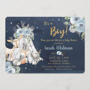 Chic Woodland Animals Tribal Navy Gold Baby Shower Invitation