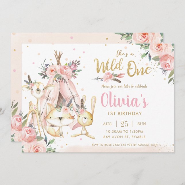 Chic Woodland Animals Tribal Wild One 1st Birthday Invitation (Front/Back)
