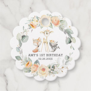 Chic Woodland Animals Yellow Floral 1st Birthday  Favor Tags