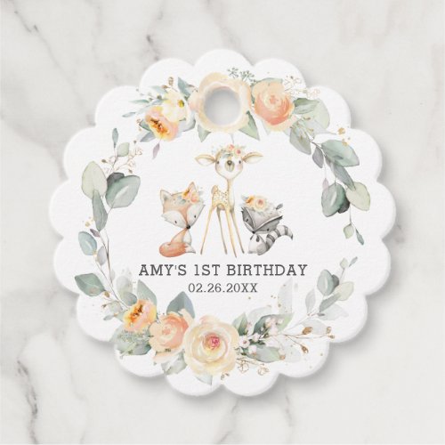 Chic Woodland Animals Yellow Floral 1st Birthday  Favor Tags