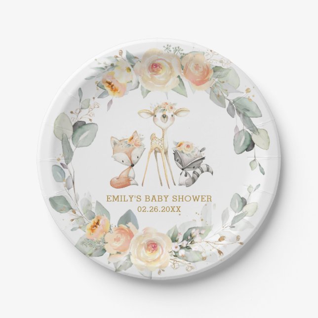 Chic Woodland Animals Yellow Floral Baby Shower Paper Plates (Front)