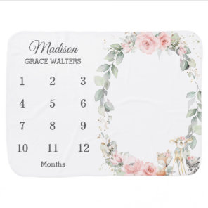 Chic Woodland Blush Pink Floral Monthly Milestone Baby Blanket
