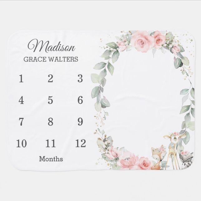 Chic Woodland Blush Pink Floral Monthly Milestone Baby Blanket (Horizontal)
