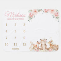 Chic Woodland Blush Pink Floral Monthly Milestone Baby Blanket