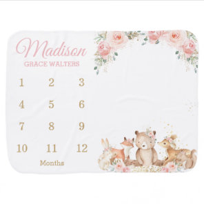 Chic Woodland Blush Pink Floral Monthly Milestone Baby Blanket