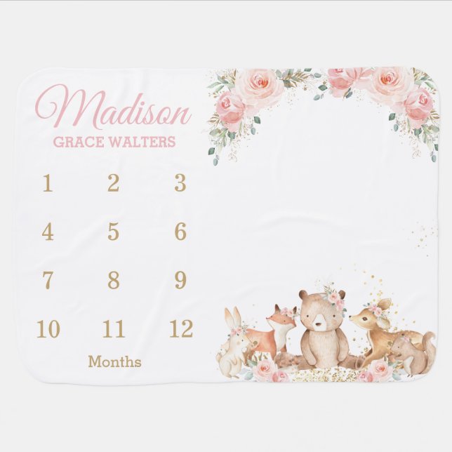 Chic Woodland Blush Pink Floral Monthly Milestone Baby Blanket (Horizontal)