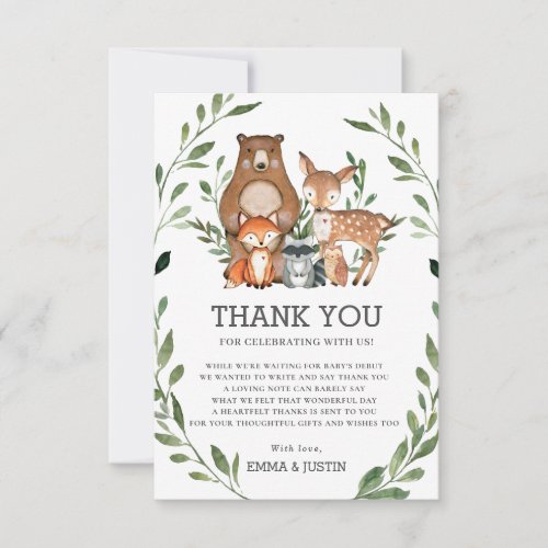 Chic Woodland Forest Animals Greenery Baby Shower Thank You Card