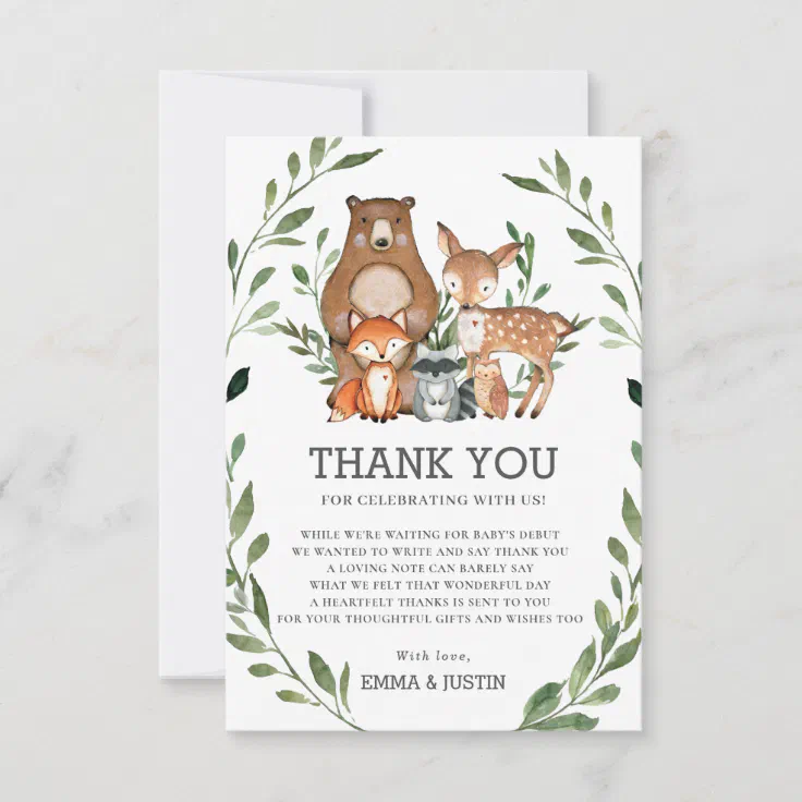 Chic Woodland Forest Animals Greenery Baby Shower Thank You Card | Zazzle