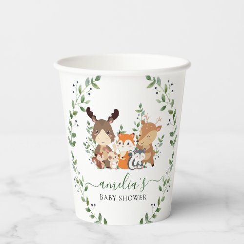 Chic Woodland Forest Greenery Animals Baby Shower Paper Cups