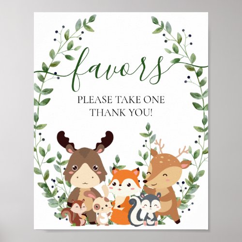 Chic Woodland Greenery Animals Baby Shower Favors  Poster