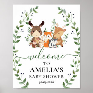 Chic Woodland Greenery Animals Baby Shower Welcome Poster
