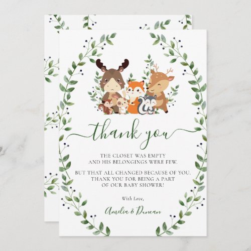Chic Woodland Greenery Forest Animals Baby Shower  Thank You Card