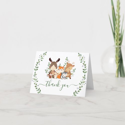 Chic Woodland Greenery Forest Animals Thank You Card