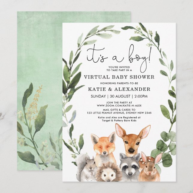 Chic Woodland Greenery Wreath Virtual Baby Shower Invitation (Front/Back)