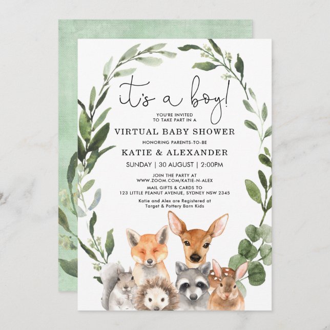 Chic Woodland Greenery Wreath Virtual Baby Shower Invitation (Front/Back)