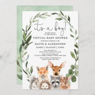 Chic Woodland Greenery Wreath Virtual Baby Shower Invitation