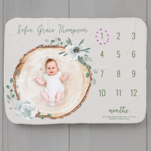 Chic Woodland Watercolor Floral Monthly milestone Baby Blanket