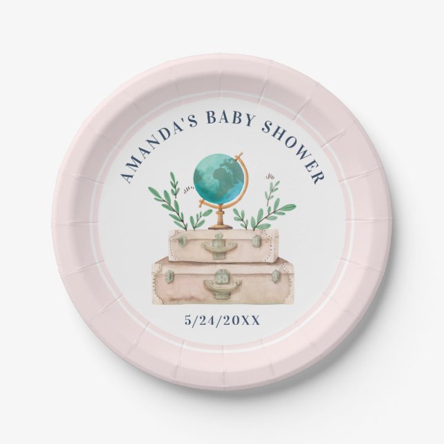 Chic World Travel Suitcases Baby Shower Party Food Paper Plates (Front)