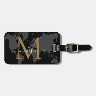 Chic World Traveler Map Black Gold Monogram Script Luggage Tag