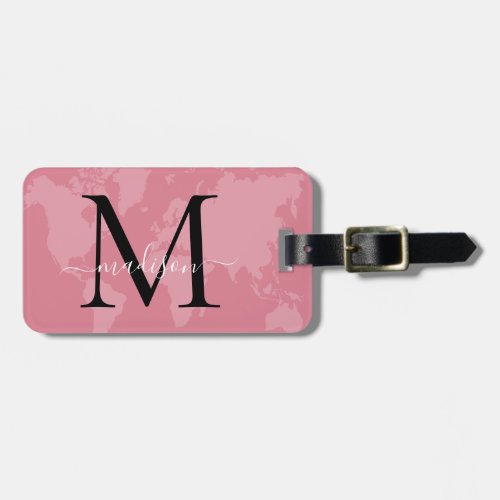 Chic World Traveler Map Pink Monogram Name Script Luggage Tag