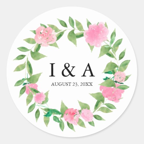 Chic Wreath with Monogram and Wedding Date Classic Round Sticker