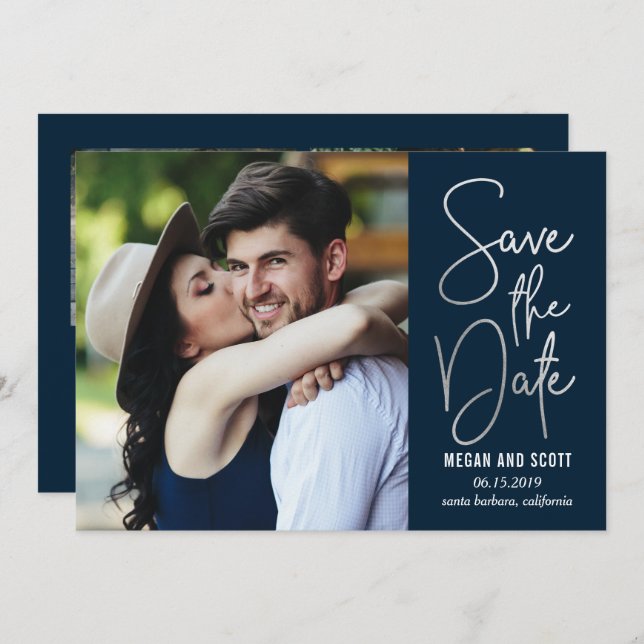 Chic Writing EDITABLE COLOR Save The Date Silver Invitation (Front/Back)